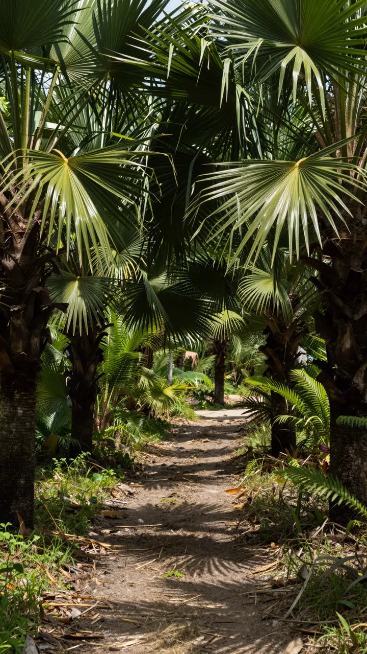 Sun-dappled dirt path winds through a dense tropical forest of fan palm trees