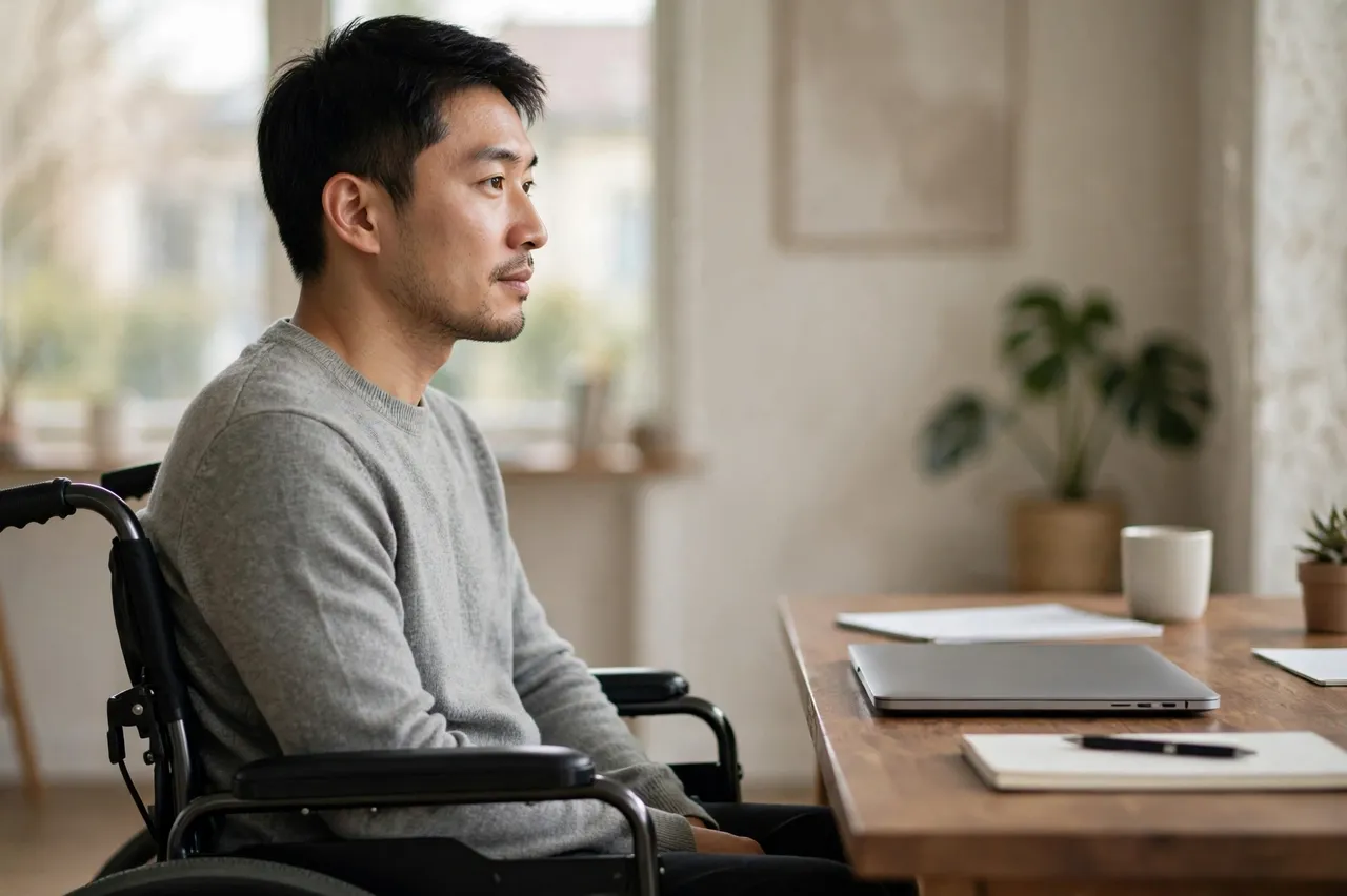Side view of an East Asian man in a wheelchair seated beside a wooden office desk with a closed laptop