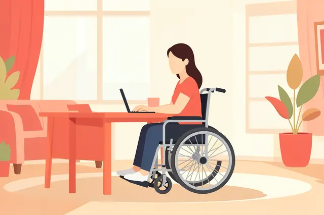 Faceless woman in a wheelchair types on a laptop at a low desk in a bright coral and cream apartment