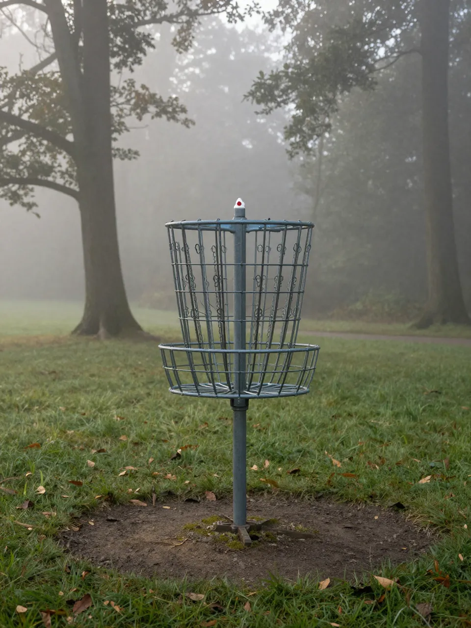 A disc golf basket stands in a foggy forest clearing at early dawn.
