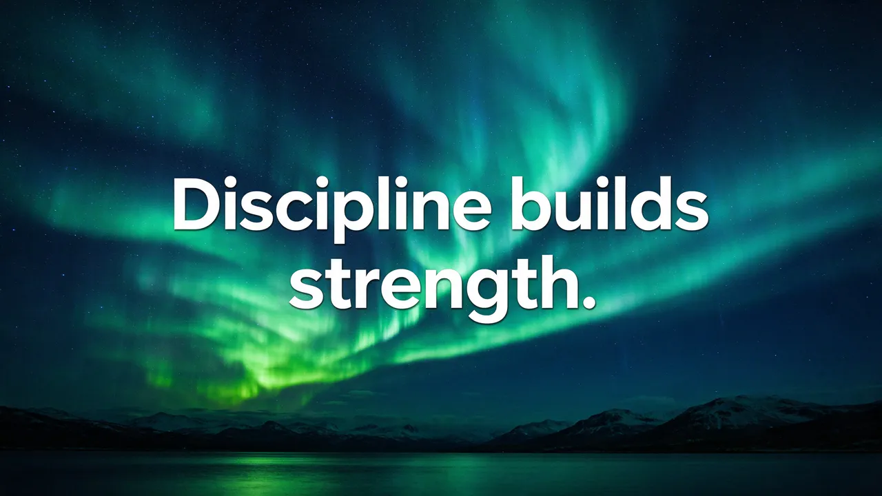 Bold white text reading "Discipline builds strength." over a dark night sky with glowing green and teal aurora borealis.