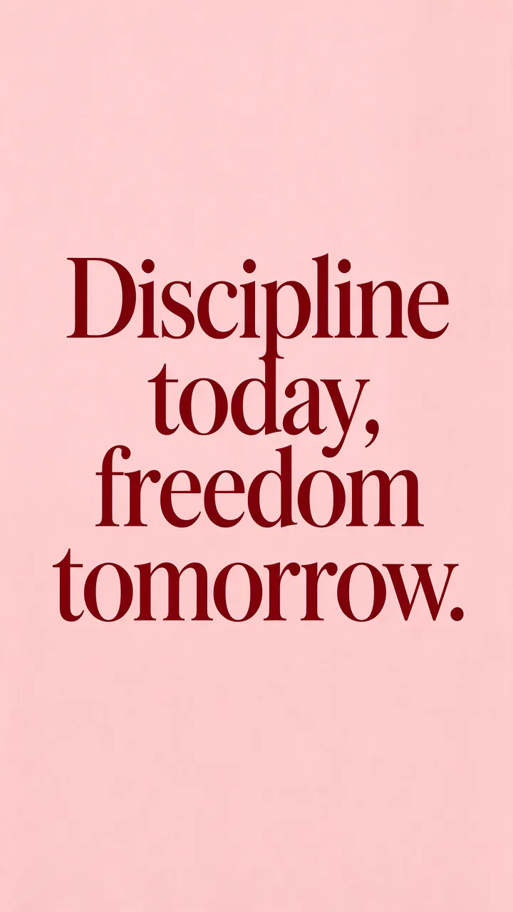 Deep burgundy serif quote "Discipline today, freedom tomorrow." centered on a blush pink phone wallpaper background.