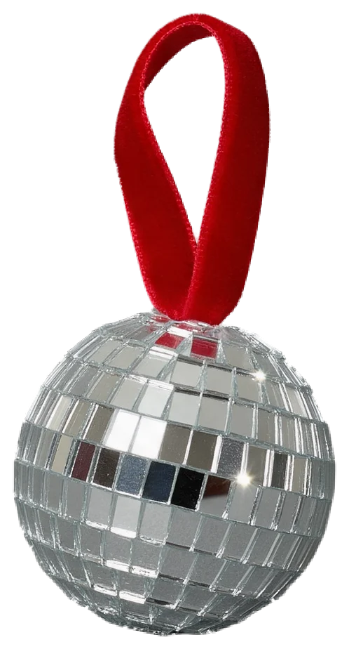 A small mirrored disco ball Christmas bauble hung from a loop of red velvet ribbon