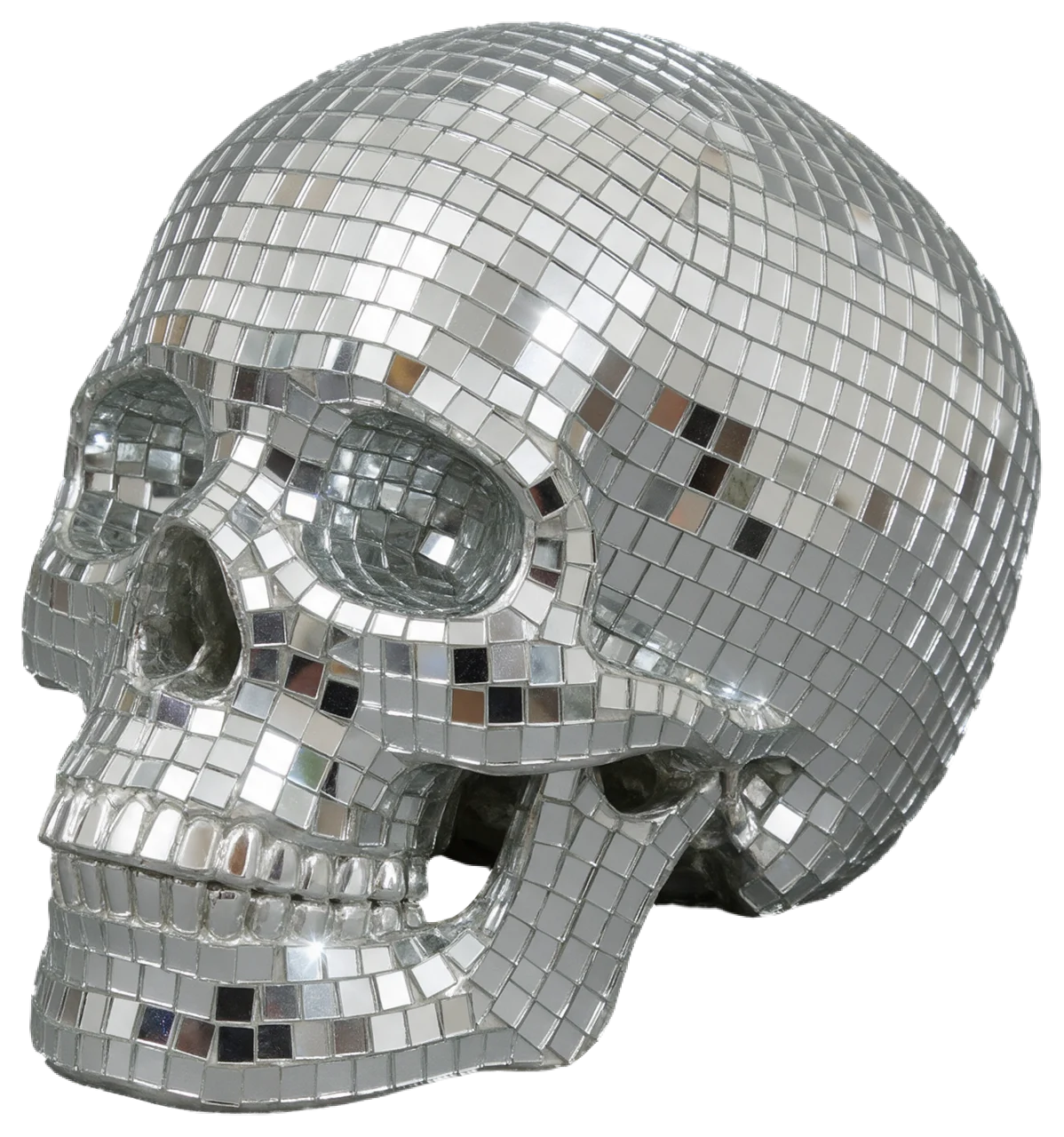 Life-size skull fully covered in small square mirrored disco tiles, turned three-quarters left