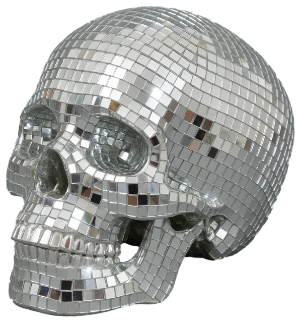 Life-size skull fully covered in small square mirrored disco tiles, turned three-quarters left