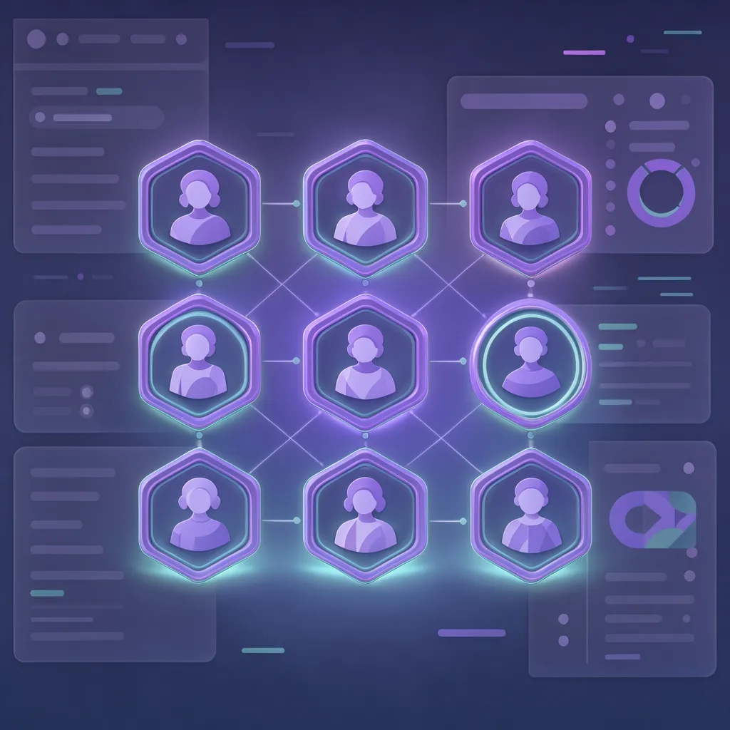 Stylized glowing avatar icons arranged in a connected grid against a dark tech-themed background