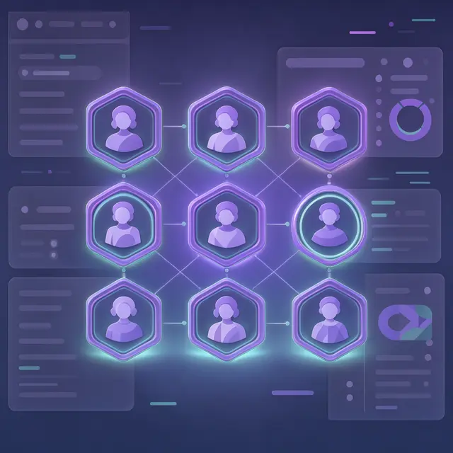 Stylized glowing avatar icons arranged in a connected grid against a dark tech-themed background