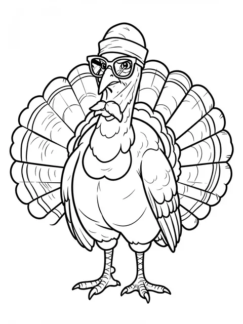Black and white line art of a turkey in disguise wearing glasses, a mustache, and a small hat on a plain white background