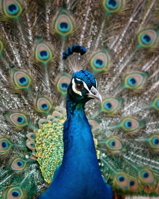 A male peacock with vivid blue neck and crest stands with its full iridescent tail fanned open