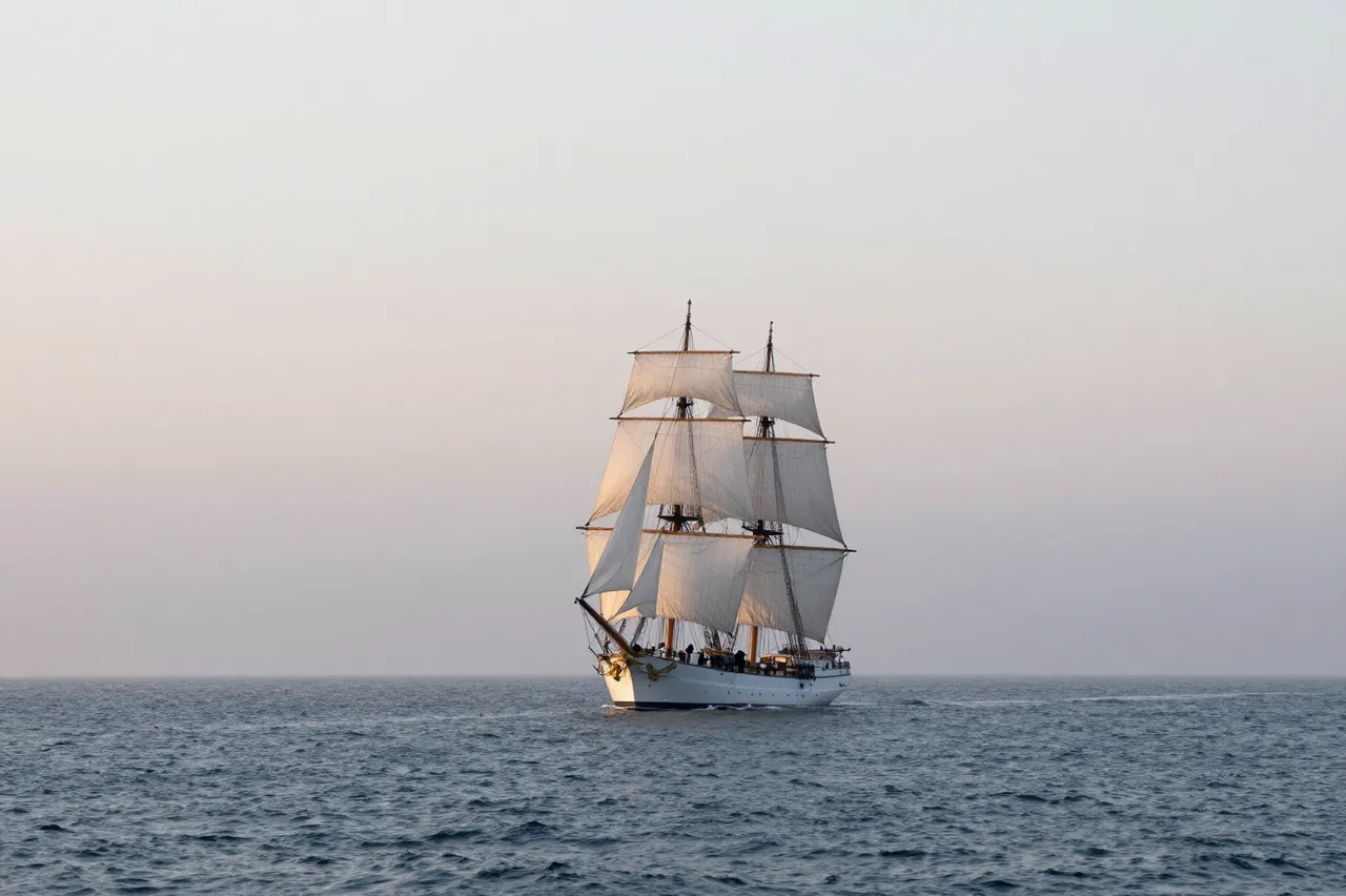 A tall sailing ship with billowing white sails glides across a misty calm sea at soft dawn