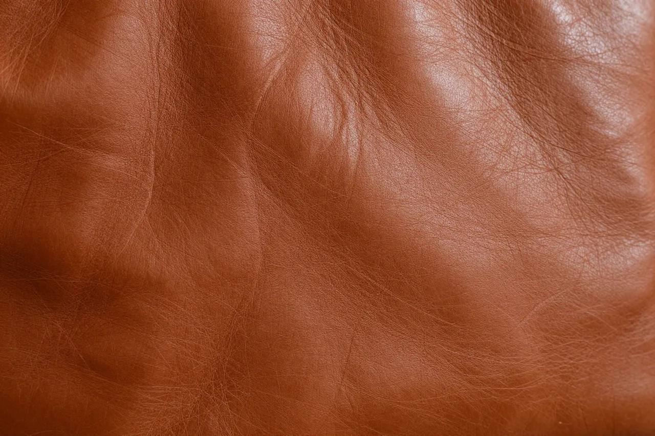 Close-up full frame of worn distressed cognac leather with natural creases and subtle sheen