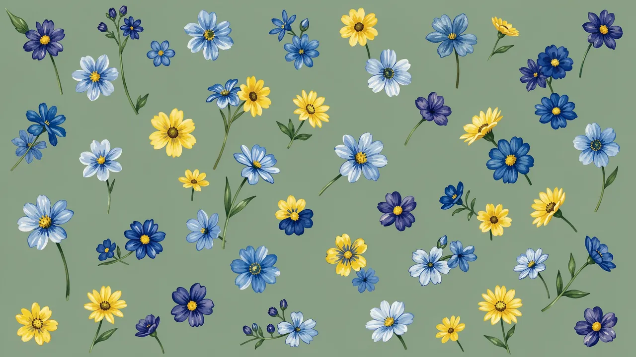 Scattered hand-painted blue and yellow wildflowers arranged loosely on a soft sage green background