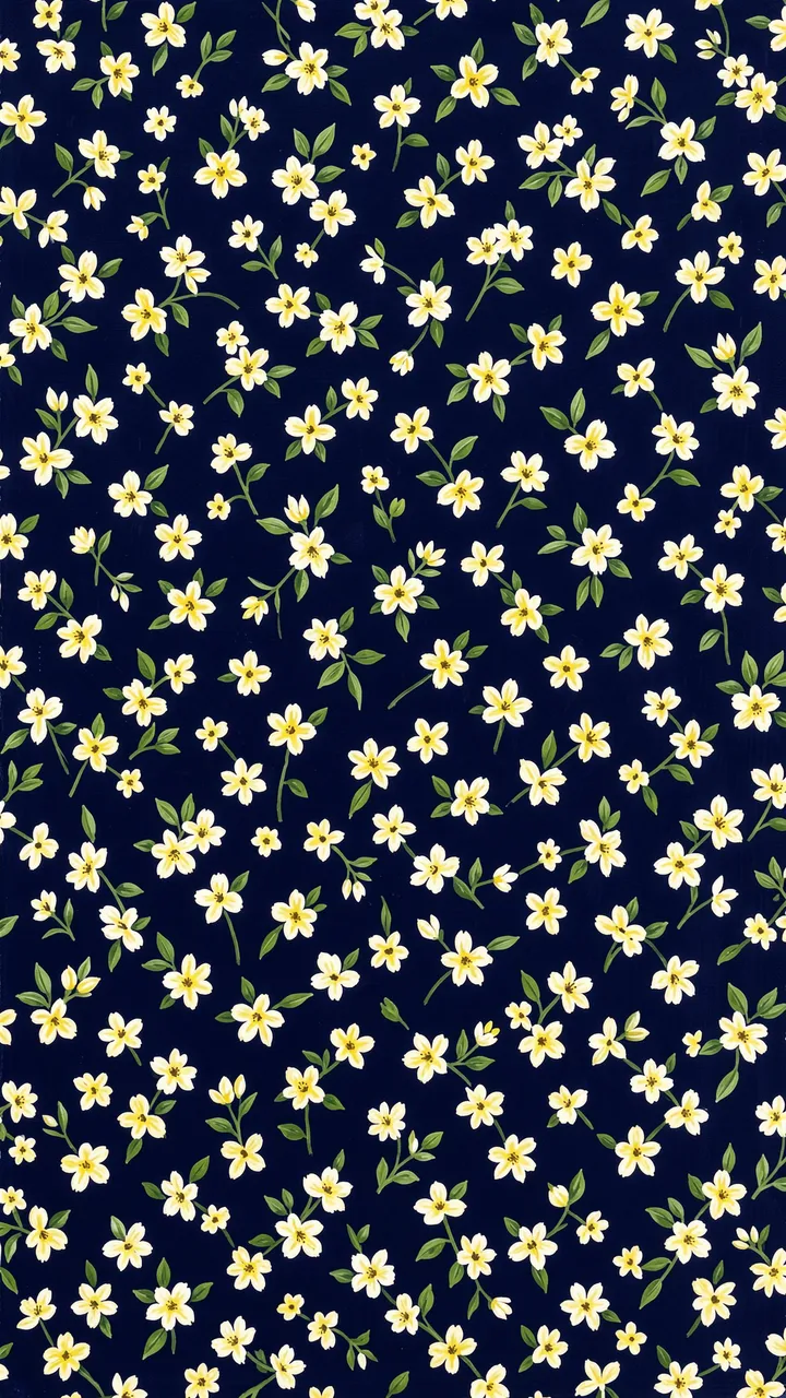 Seamless ditsy floral pattern of tiny white and yellow blossoms with green leaves on deep navy blue