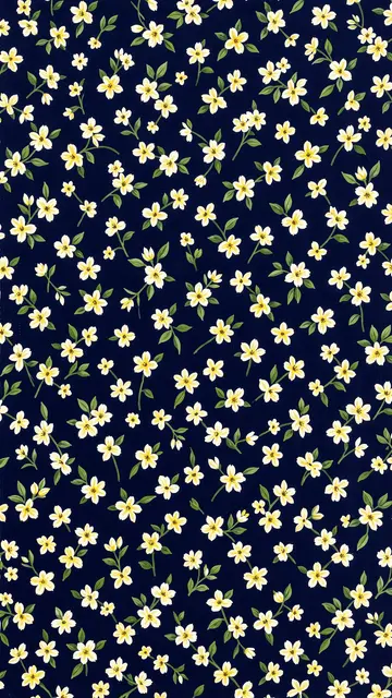 Seamless ditsy floral pattern of tiny white and yellow blossoms with green leaves on deep navy blue