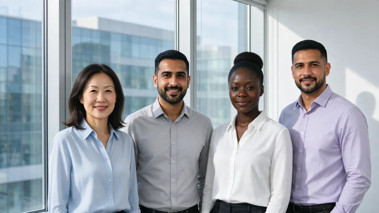 Four diverse adult coworkers stand together smiling beside a bright office window