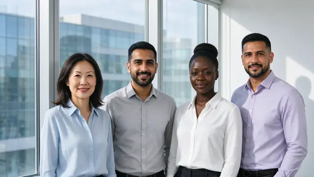 Four diverse adult coworkers stand together smiling beside a bright office window