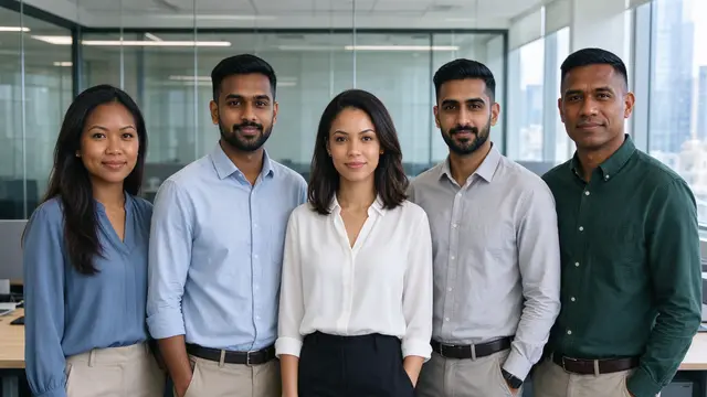 Five diverse office colleagues stand together smiling in a bright modern glass office