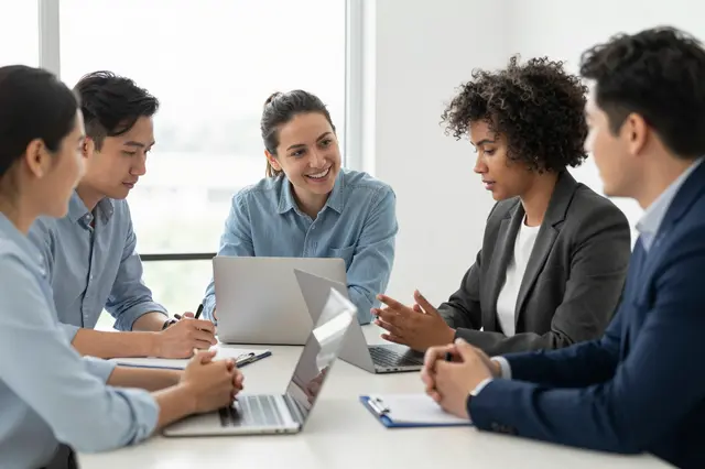 Five adult colleagues sit around a bright office conference table with laptops during a collaborative meeting