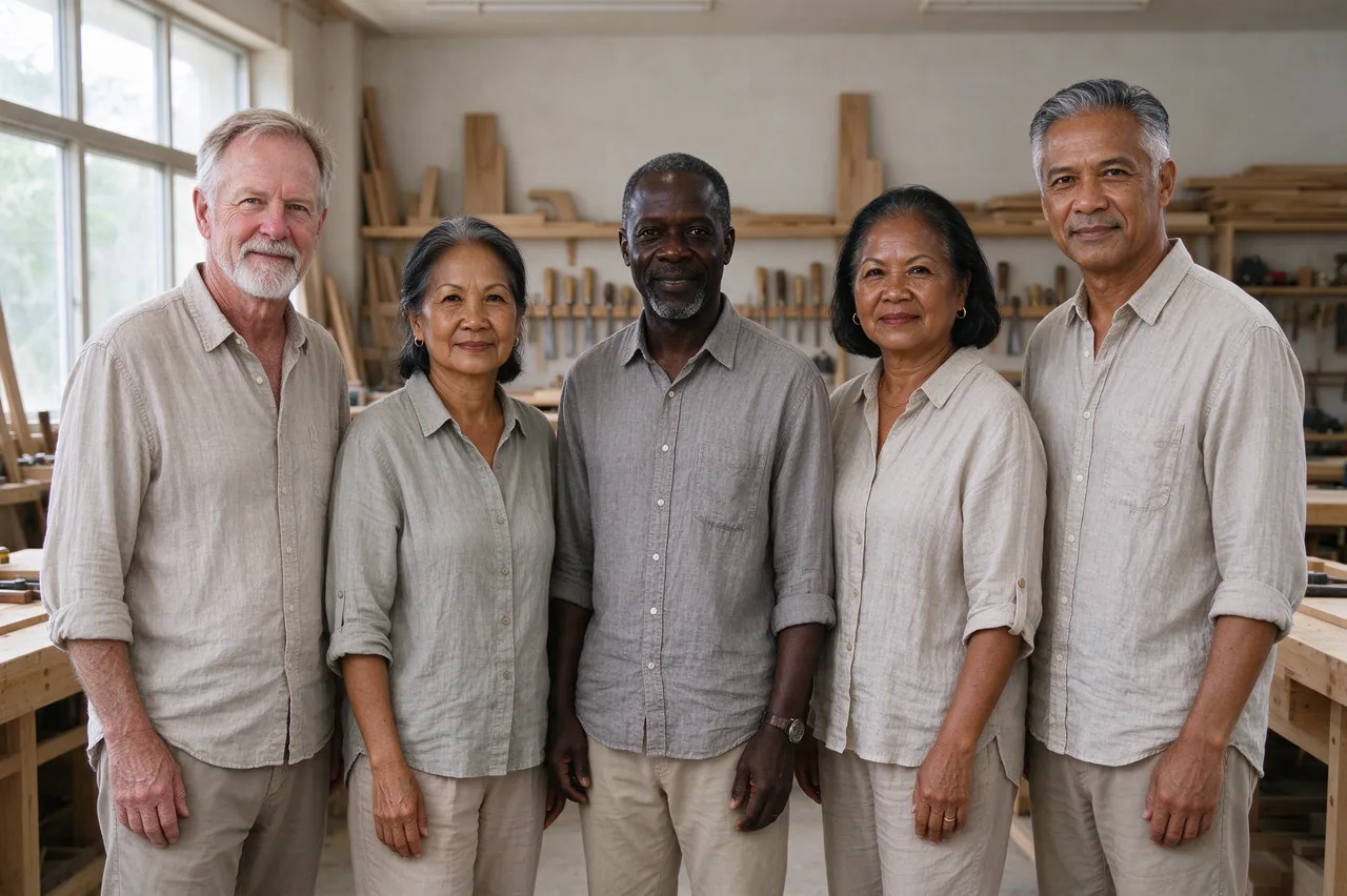 Five diverse mature workshop colleagues stand side by side smiling in a woodworking studio