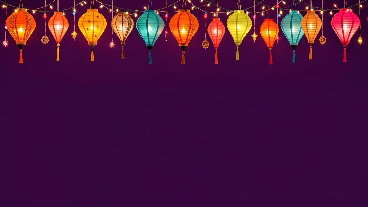 Glowing colorful hanging paper lanterns and fairy lights line the top edge of a deep plum copy space background