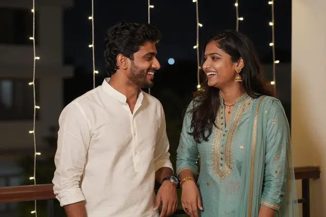 Two smiling South Asian friends in festive kurtas stand on a balcony strung with fairy lights at night