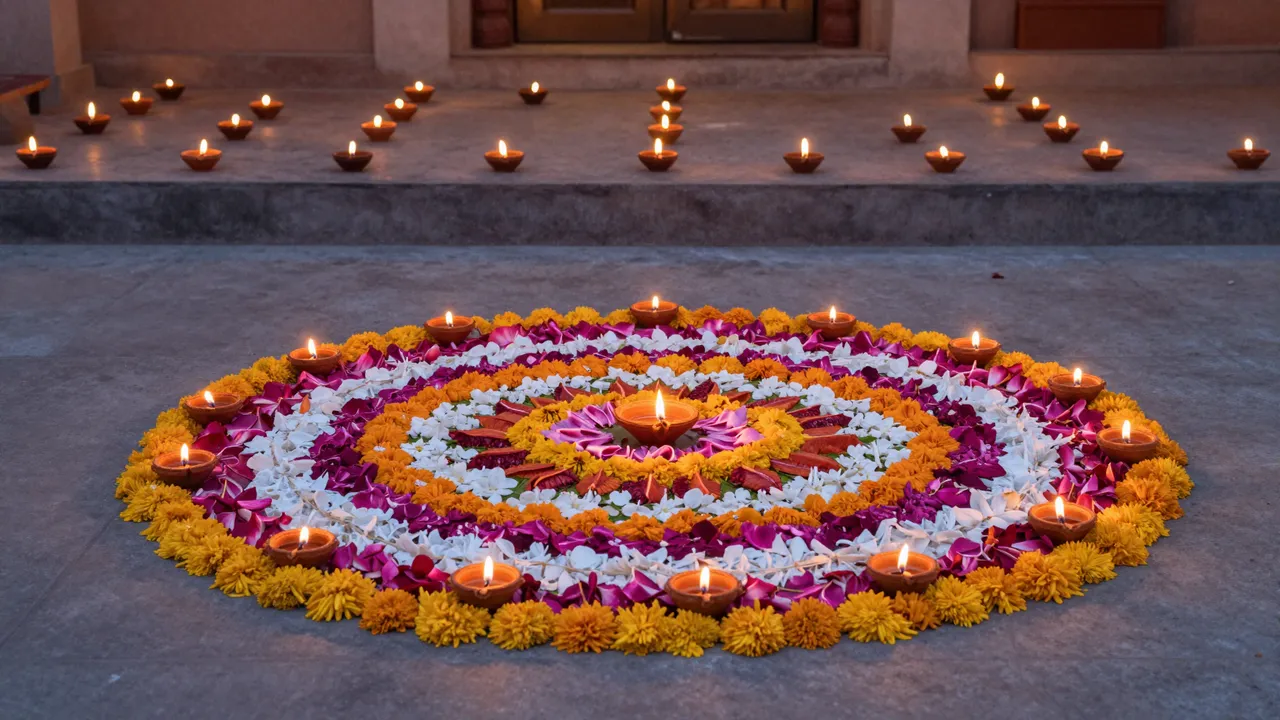 A vibrant flower petal rangoli sits surrounded by glowing diyas on a home courtyard at dusk