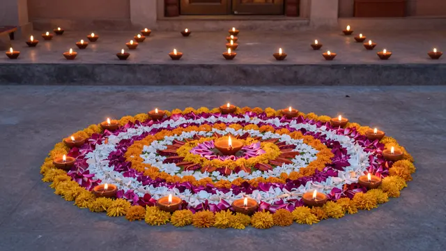 A vibrant flower petal rangoli sits surrounded by glowing diyas on a home courtyard at dusk