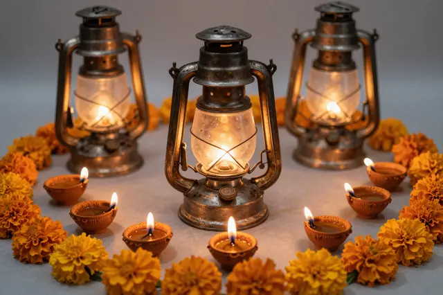 Glowing vintage oil lanterns, lit clay diyas, and marigold flowers arranged for a festival of lights.
