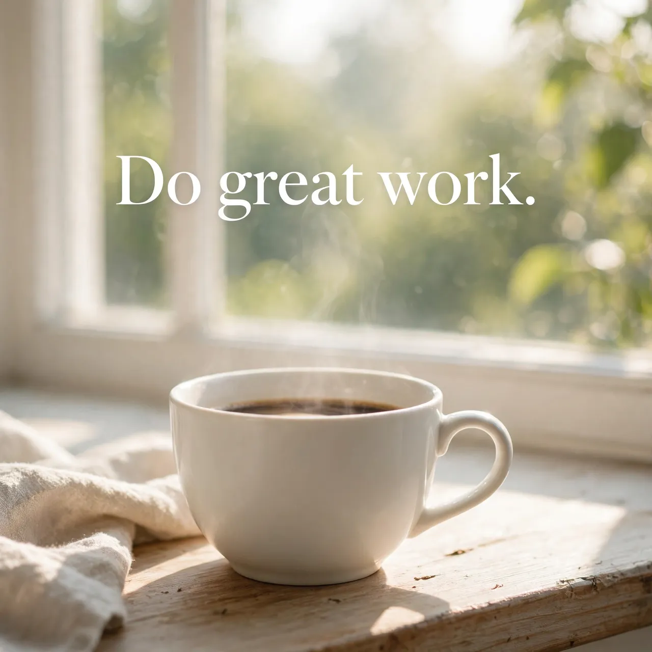 A steaming white coffee cup sits on a sunlit windowsill with the text "Do great work." over soft blurred green foliage