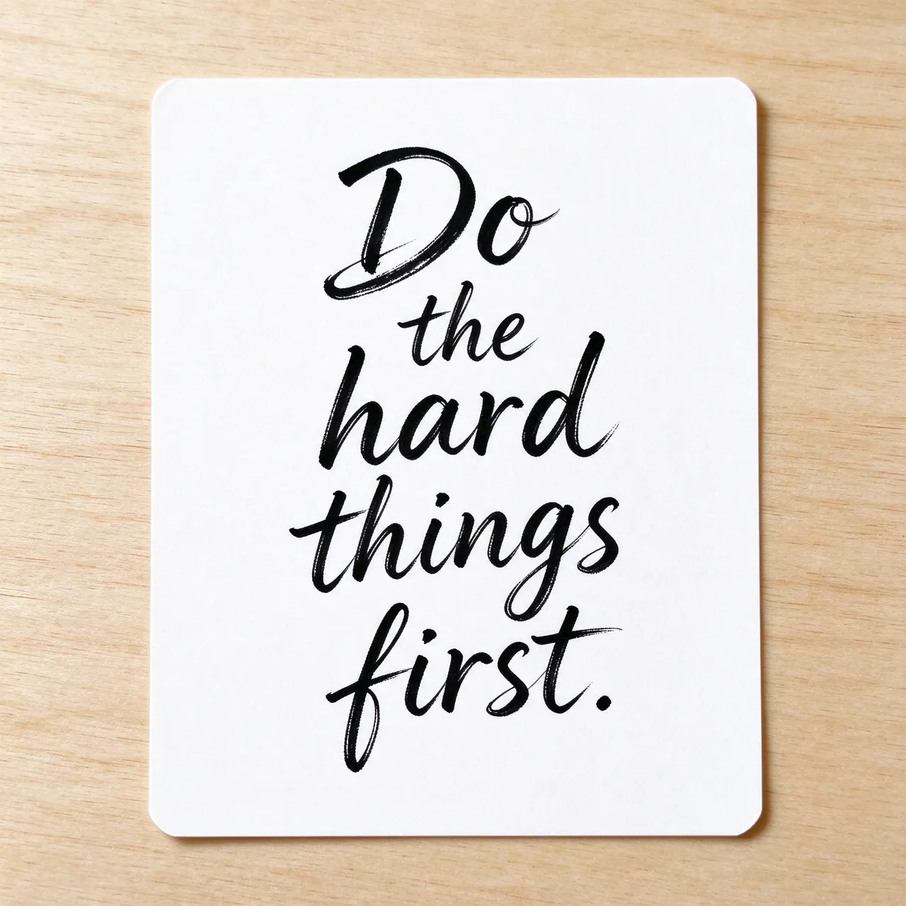 A white index card with handwritten brush script text reading "Do the hard things first." rests on a light wooden desk.