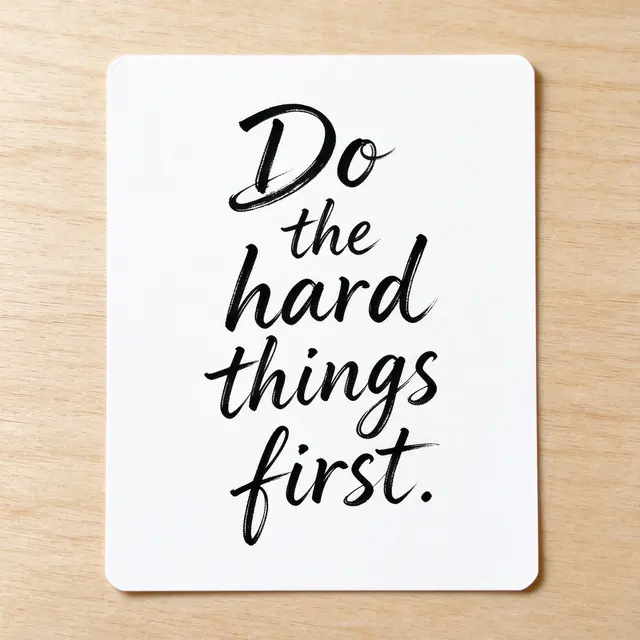 A white index card with handwritten brush script text reading "Do the hard things first." rests on a light wooden desk.