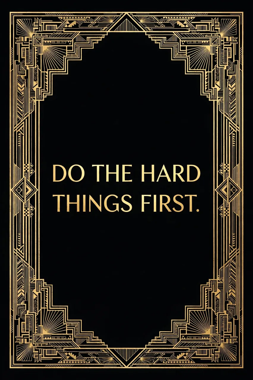Art deco poster with an ornate gold geometric frame on black displaying the quote "Do the hard things first."