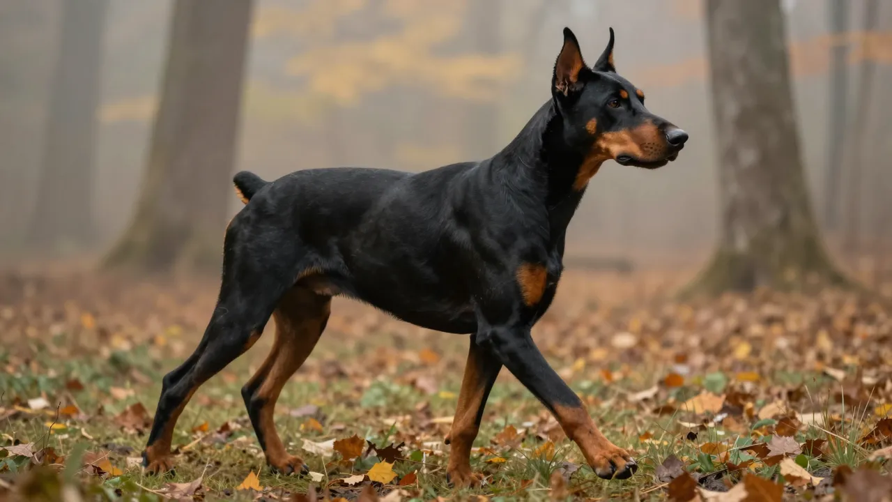 Side view of a black and tan Doberman walking across leaf-strewn ground in a foggy autumn woodland