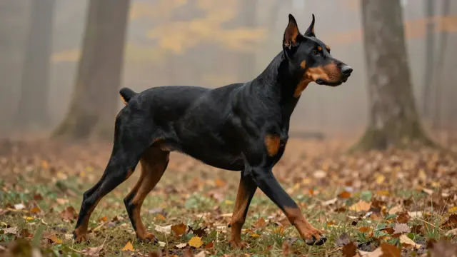 Side view of a black and tan Doberman walking across leaf-strewn ground in a foggy autumn woodland