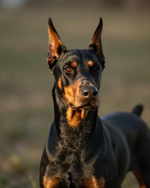 Close-up portrait of a doberman pinscher lit by warm golden outdoor light with a blurred background