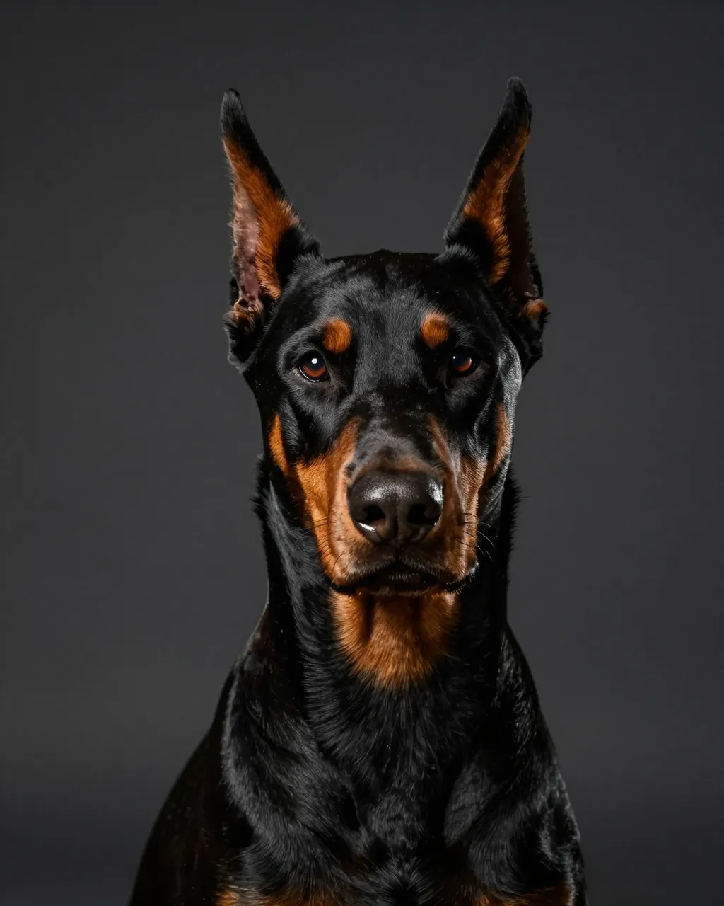 Black and tan Doberman head portrait with cropped upright ears against a dark gray studio backdrop under low-key lighting