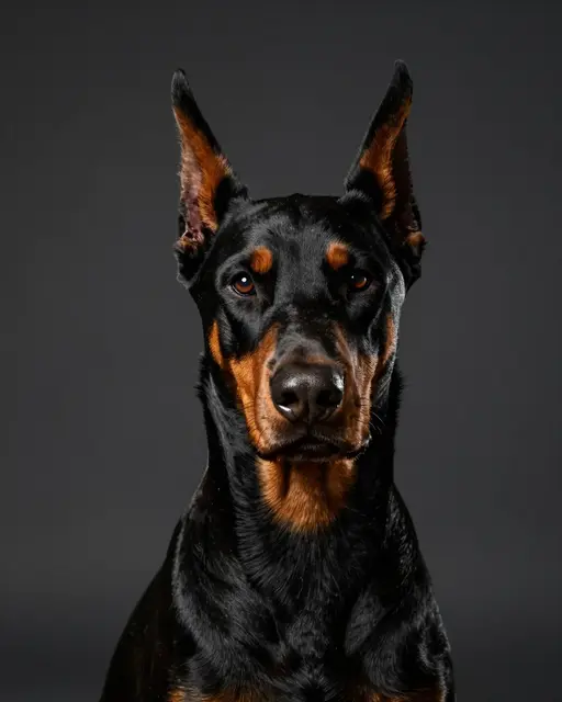 Black and tan Doberman head portrait with cropped upright ears against a dark gray studio backdrop under low-key lighting