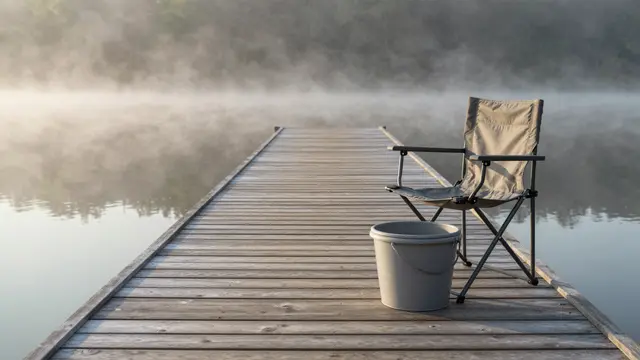 Folding chair and bucket sit on an empty wooden dock stretching into a misty lake at dawn