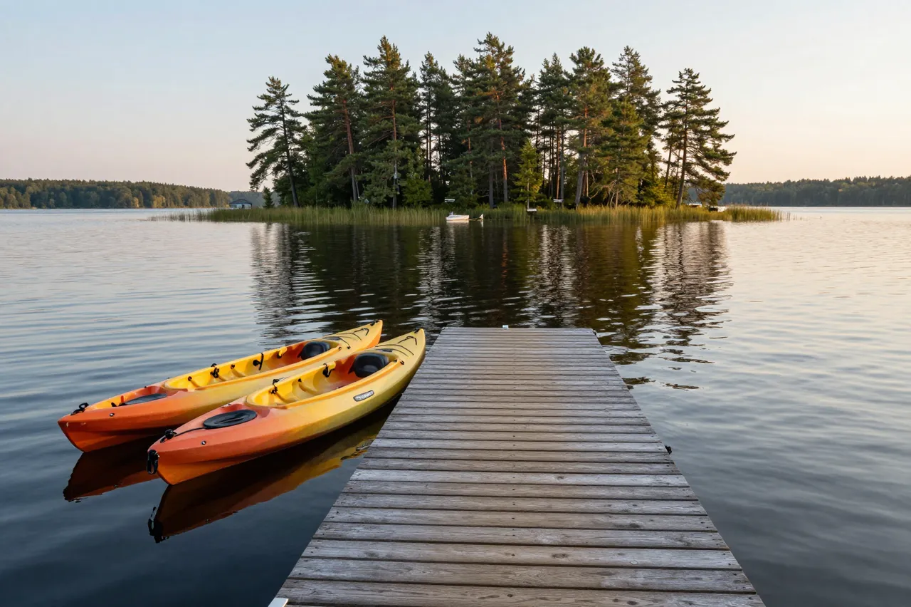Two orange-yellow kayaks are moored to a wooden dock overlooking a pine tree island on a still lake at dawn