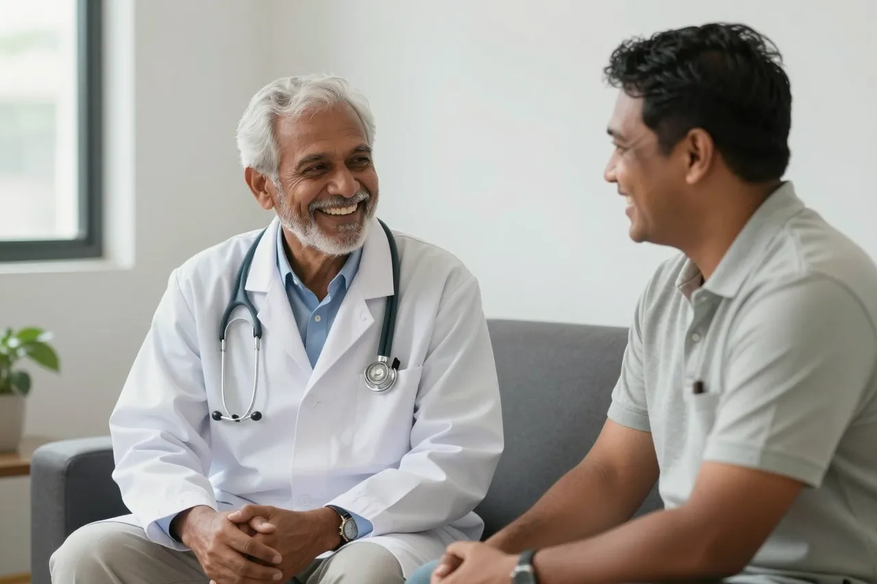 A senior South Asian doctor and a middle aged man smile and laugh while sitting together in a sunlit consultation room