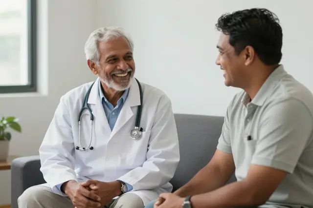 A senior South Asian doctor and a middle aged man smile and laugh while sitting together in a sunlit consultation room