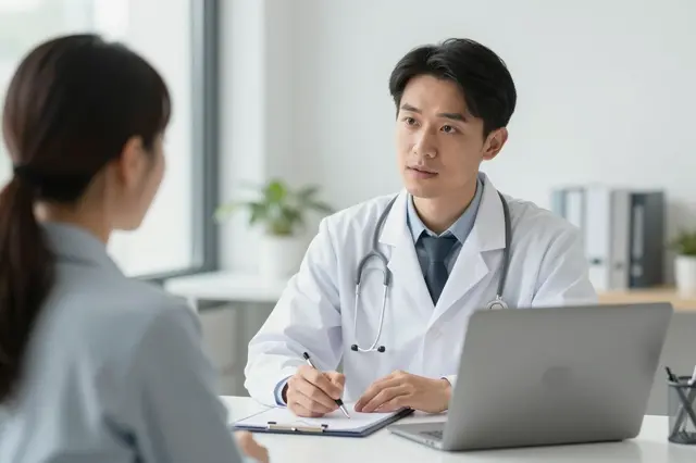 Male doctor in a white lab coat speaks with an adult patient across a desk in a bright medical office.