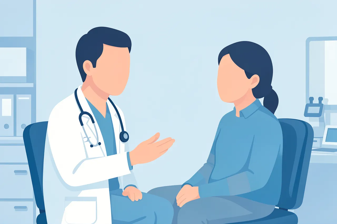 Faceless doctor gestures while speaking to a seated patient during a clinic appointment