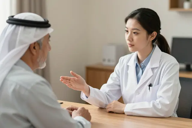 East Asian female doctor gestures while discussing care with an older Middle Eastern man across a clinic desk