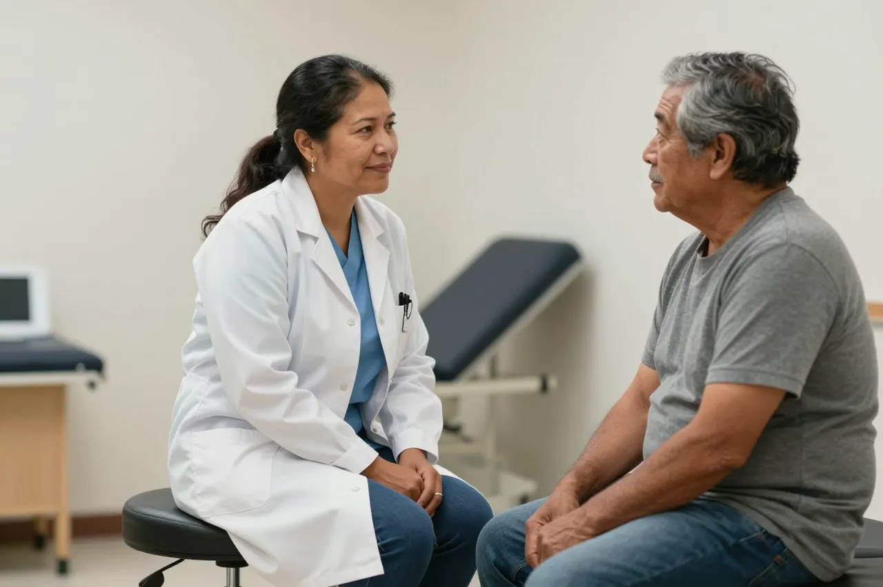 A female doctor sits on a rolling stool speaking with an older male patient in a clinic exam room