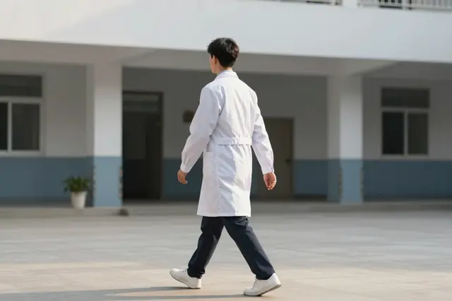 A doctor in a white coat walks across a sunlit hospital courtyard viewed from behind