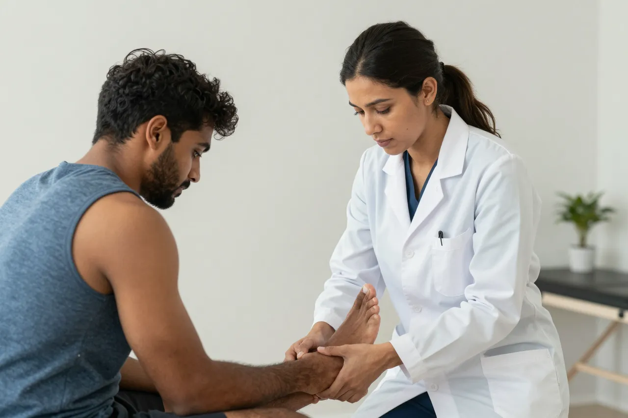 A female sports medicine doctor examines the ankle of a seated male patient in a clinic examination room.
