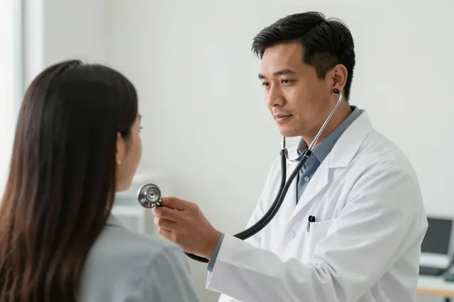 A male doctor uses a stethoscope to examine a female patient in a bright medical exam room.