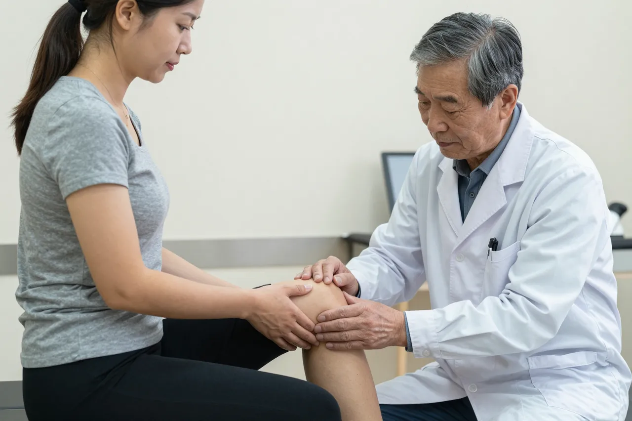 Senior East Asian doctor examines the knee of a young woman seated on a clinic exam table