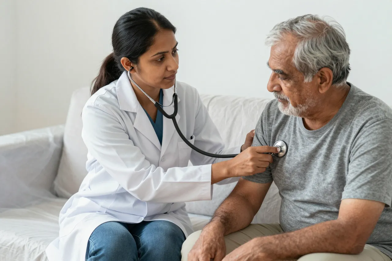 A South Asian female doctor uses a stethoscope to examine an older male patient seated on a light couch
